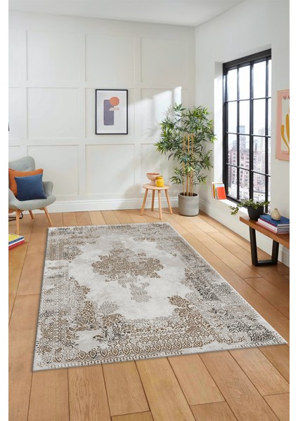 Sade Klasik Desenli Dijital Kaymaz Yıkanabilir Yolluk Mutfak Salon Halısı, Klasik-22-Kahve,