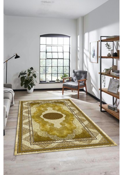 Göbekli Klasik Desenli Dijital Kaymaz Yıkanabilir Yolluk Mutfak Salon Halısı, Klasik-24-Sarı,