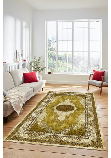 Göbekli Klasik Desenli Dijital Kaymaz Yıkanabilir Yolluk Mutfak Salon Halısı, Klasik-24-Sarı, indirimleri