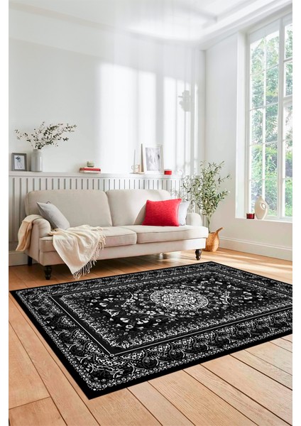 Şık Klasik Desen Dijital Kaymaz Taban Yıkanabilir Yolluk Mutfak Salon Halısı, Klasik-14-Antrasit,