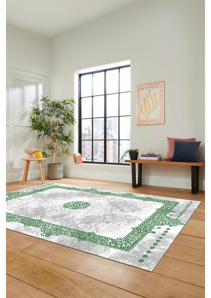 Sade Klasik Desen Dijital Kaymaz Taban Yıkanabilir Yolluk Mutfak Salon Halısı, Klasik-20-Yeşil, indirimleri