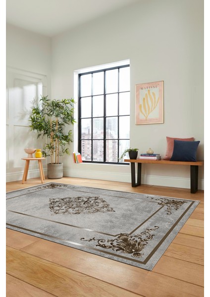 Dijital Kaymaz Yıkanabilir Çerçeveli Klasik Desen Yolluk Mutfak Salon Halısı, Klasik-05-Kahve,