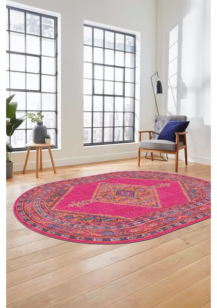 Baskılı Kaymaz Yıkanabilir Göbekli Klasik Yolluk Oval Mutfak Salon Halısı, O-Klasik-06-Mavi,