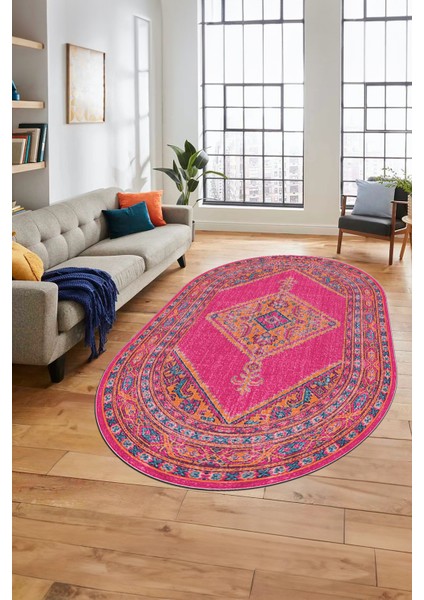 Baskılı Kaymaz Yıkanabilir Göbekli Klasik Yolluk Oval Mutfak Salon Halısı, O-Klasik-06-Mavi, fırsatları