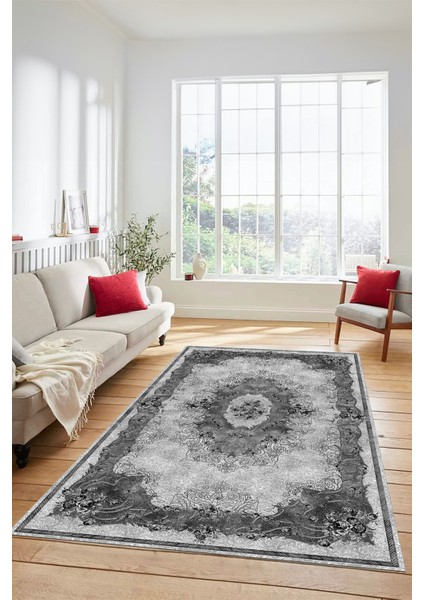Çiçekli Klasik Motifli Dijital Kaymaz Yıkanabilir Yolluk Mutfak Salon Halısı, Klasik-29-Gri, fırsatları