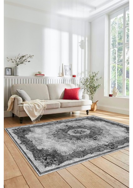 Çiçekli Klasik Motifli Dijital Kaymaz Yıkanabilir Yolluk Mutfak Salon Halısı, Klasik-29-Gri, indirimleri