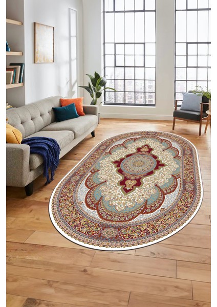 Baskılı Kaymaz Yıkanabilir Çerçeveli Göbekli Klasik Desen Salon Halısı, O-Klasik-02-Bordo, indirimleri