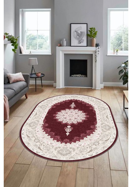Baskılı Kaymaz Yıkanabilir Göbekli Klasik Desen Oval Mutfak Salon Halısı, O-Klasik-03-Bordo, modelleri