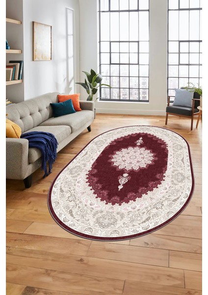 Baskılı Kaymaz Yıkanabilir Göbekli Klasik Desen Oval Mutfak Salon Halısı, O-Klasik-03-Bordo, indirimleri