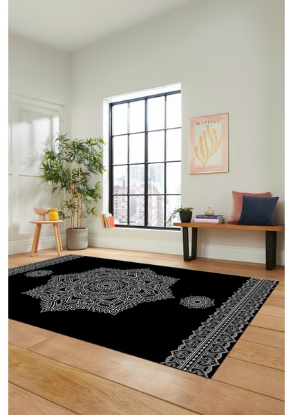 Şık Göbekli Klasik Motifli Dijital Kaymaz Yıkanabilir Yolluk Mutfak Salon Halısı, Klasik-30-Siyah, modelleri