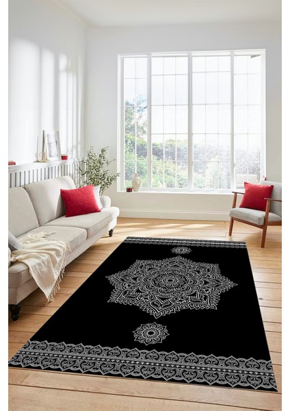 Şık Göbekli Klasik Motifli Dijital Kaymaz Yıkanabilir Yolluk Mutfak Salon Halısı, Klasik-30-Siyah, fırsatları