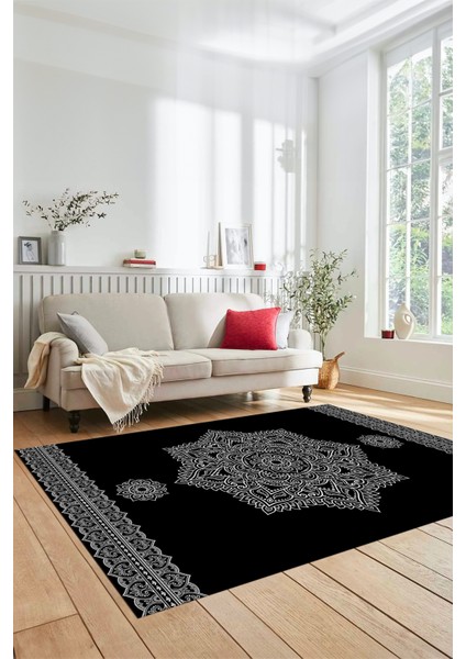 Şık Göbekli Klasik Motifli Dijital Kaymaz Yıkanabilir Yolluk Mutfak Salon Halısı, Klasik-30-Siyah, indirimleri