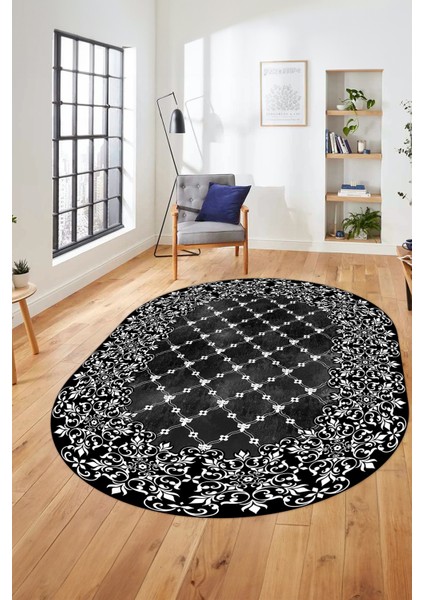 Baskılı Kaymaz Yıkanabilir Klasik Desen Yolluk Oval Mutfak Salon Halısı, O-Klasik-04-Siyah,