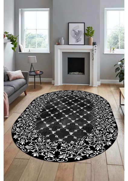 Baskılı Kaymaz Yıkanabilir Klasik Desen Yolluk Oval Mutfak Salon Halısı, O-Klasik-04-Siyah, modelleri