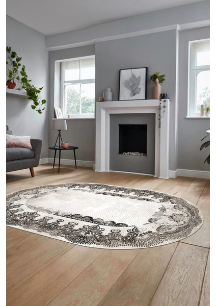 Baskılı Kaymaz Yıkanabilir Renkli Klasik Desen Oval Yolluk Salon Halısı, O-Klasik-08-Vizon, modelleri