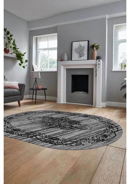 Klasik Desen Dijital Kaymaz Taban Yıkanabilir Oval Yolluk Mutfak Salon Halısı, O-Klasik-11-Antrasit, fiyatları