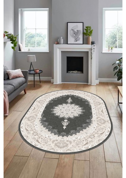 Baskılı Kaymaz Yıkanabilir Göbekli Klasik Desen Oval Mutfak Salon Halısı, O-Klasik-03-Vizon, modelleri