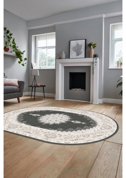 Baskılı Kaymaz Yıkanabilir Göbekli Klasik Desen Oval Mutfak Salon Halısı, O-Klasik-03-Vizon, fırsatları