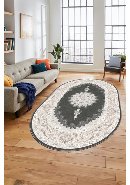 Baskılı Kaymaz Yıkanabilir Göbekli Klasik Desen Oval Mutfak Salon Halısı, O-Klasik-03-Vizon, indirimleri