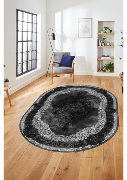 Baskılı Kaymaz Yıkanabilir Çerçeveli Klasik Desen Oval Mutfak Salon Halısı, O-Klasik-01-Antrasit,
