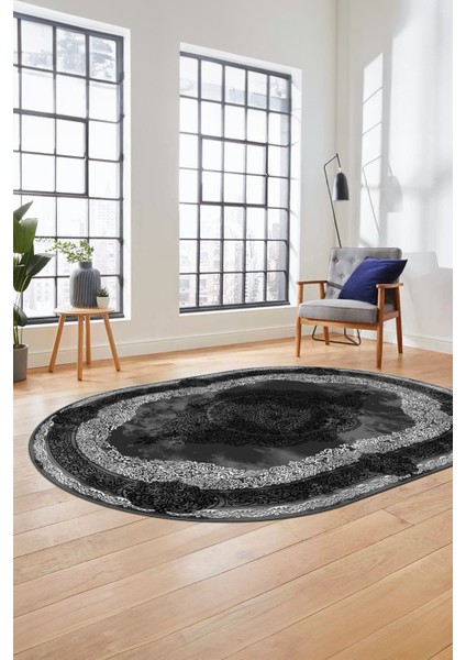 Baskılı Kaymaz Yıkanabilir Çerçeveli Klasik Desen Oval Mutfak Salon Halısı, O-Klasik-01-Antrasit, fiyatları