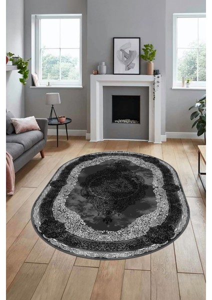 Baskılı Kaymaz Yıkanabilir Çerçeveli Klasik Desen Oval Mutfak Salon Halısı, O-Klasik-01-Antrasit, modelleri