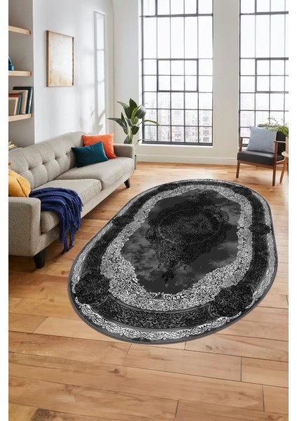 Baskılı Kaymaz Yıkanabilir Çerçeveli Klasik Desen Oval Mutfak Salon Halısı, O-Klasik-01-Antrasit, indirimleri