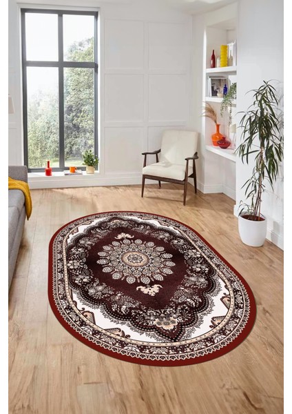 Klasik Desen Dijital Kaymaz Taban Yıkanabilir Oval Yolluk Mutfak Salon Halısı, O-Klasik-13-Bordo, modelleri