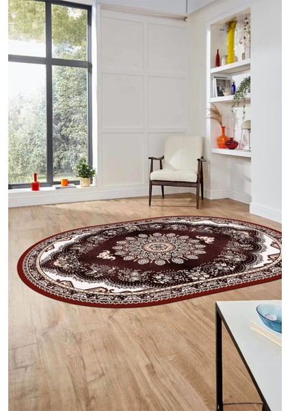 Klasik Desen Dijital Kaymaz Taban Yıkanabilir Oval Yolluk Mutfak Salon Halısı, O-Klasik-13-Bordo, fırsatları