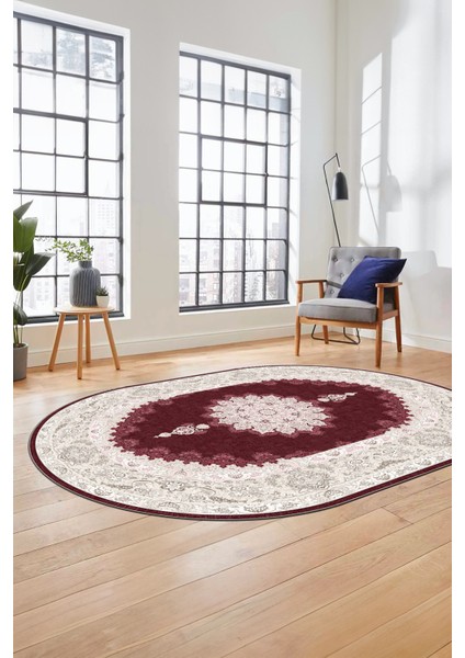 Baskılı Kaymaz Yıkanabilir Göbekli Klasik Desen Oval Mutfak Salon Halısı, O-Klasik-03-Bordo, fiyatları