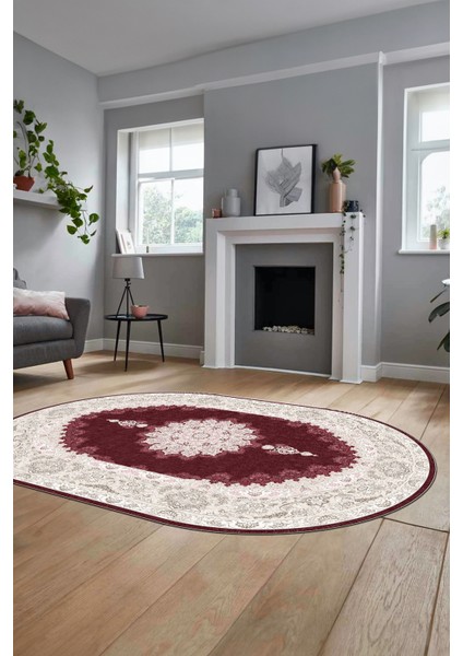 Baskılı Kaymaz Yıkanabilir Göbekli Klasik Desen Oval Mutfak Salon Halısı, O-Klasik-03-Bordo, fırsatları