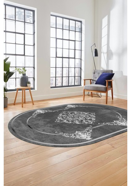 Baskılı Kaymaz Yıkanabilir Çerçeveli Klasik Yolluk Oval Mutfak Salon Halısı, O-Klasik-05-Antrasit,