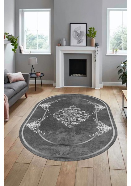 Baskılı Kaymaz Yıkanabilir Çerçeveli Klasik Yolluk Oval Mutfak Salon Halısı, O-Klasik-05-Antrasit, fiyatları