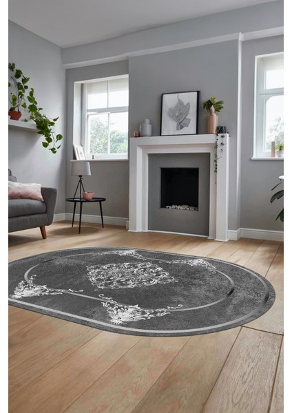 Baskılı Kaymaz Yıkanabilir Çerçeveli Klasik Yolluk Oval Mutfak Salon Halısı, O-Klasik-05-Antrasit, modelleri