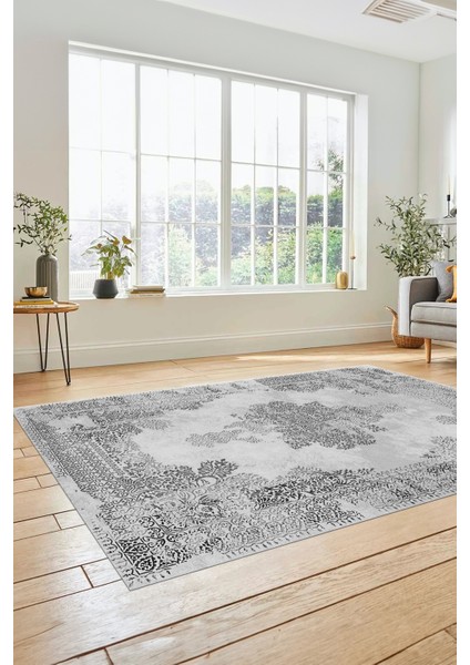 Sade Klasik Desenli Dijital Kaymaz Yıkanabilir Yolluk Mutfak Salon Halısı, Klasik-22-Gri,