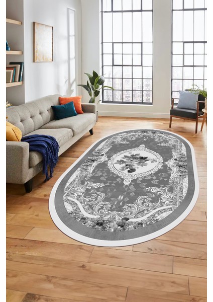 Çiçekli Klasik Dijital Kaymaz Taban Yıkanabilir Oval Yolluk Salon Halısı, O-Klasik-16-Gri,