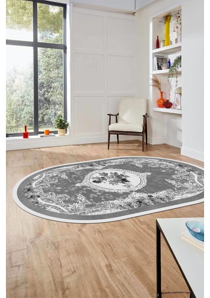 Çiçekli Klasik Dijital Kaymaz Taban Yıkanabilir Oval Yolluk Salon Halısı, O-Klasik-16-Gri,