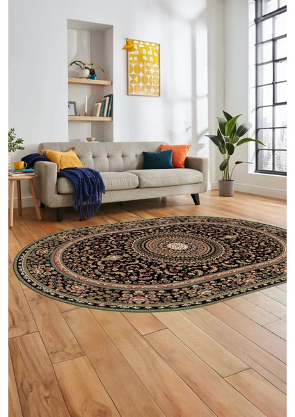 Klasik Desenli Dijital Kaymaz Yıkanabilir Oval Yolluk Koridor Salon Halısı, O-Klasik-21-Siyah,