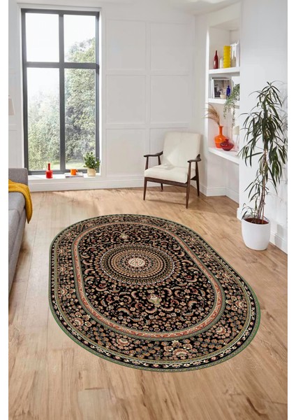 Klasik Desenli Dijital Kaymaz Yıkanabilir Oval Yolluk Koridor Salon Halısı, O-Klasik-21-Siyah, fiyatları