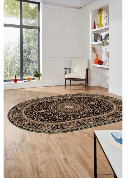 Klasik Desenli Dijital Kaymaz Yıkanabilir Oval Yolluk Koridor Salon Halısı, O-Klasik-21-Siyah, modelleri