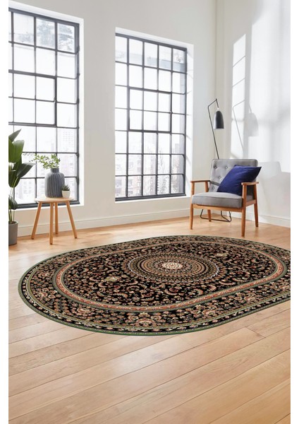 Klasik Desenli Dijital Kaymaz Yıkanabilir Oval Yolluk Koridor Salon Halısı, O-Klasik-21-Siyah, indirimleri