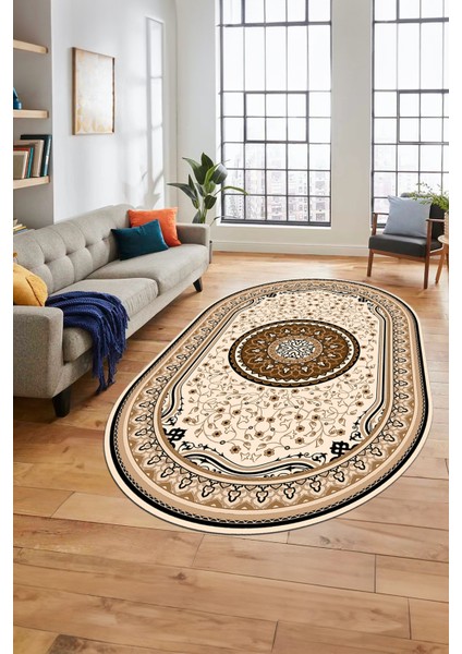 Göbekli Klasik Dijital Kaymaz Taban Yıkanabilir Oval Yolluk Salon Halısı, O-Klasik-18-Kahve,