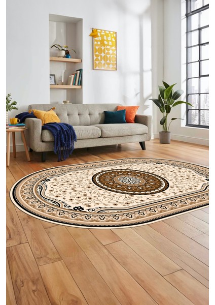 Göbekli Klasik Dijital Kaymaz Taban Yıkanabilir Oval Yolluk Salon Halısı, O-Klasik-18-Kahve, fiyatları