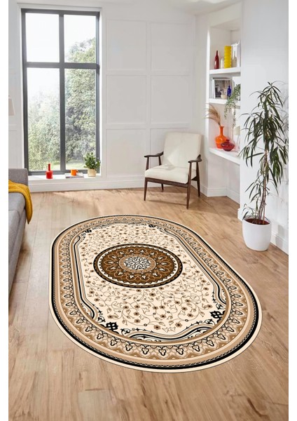 Göbekli Klasik Dijital Kaymaz Taban Yıkanabilir Oval Yolluk Salon Halısı, O-Klasik-18-Kahve, modelleri