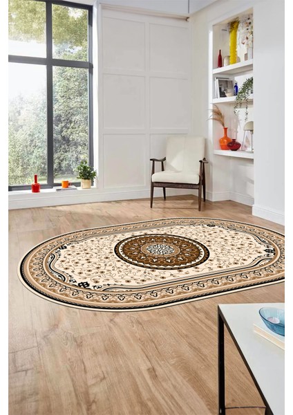 Göbekli Klasik Dijital Kaymaz Taban Yıkanabilir Oval Yolluk Salon Halısı, O-Klasik-18-Kahve, fırsatları
