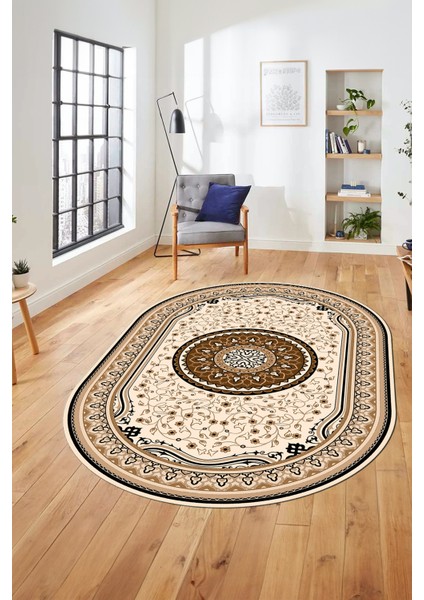 Göbekli Klasik Dijital Kaymaz Taban Yıkanabilir Oval Yolluk Salon Halısı, O-Klasik-18-Kahve, indirimleri