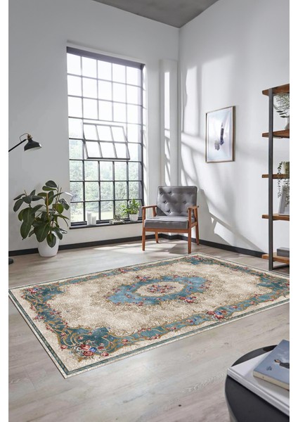 Çiçekli Klasik Motifli Dijital Kaymaz Yıkanabilir Yolluk Mutfak Salon Halısı, Klasik-29-Mavi,