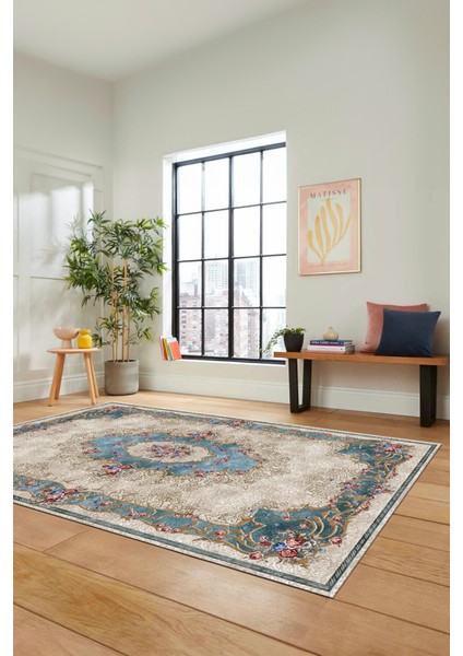 Çiçekli Klasik Motifli Dijital Kaymaz Yıkanabilir Yolluk Mutfak Salon Halısı, Klasik-29-Mavi, modelleri