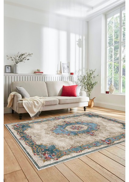 Çiçekli Klasik Motifli Dijital Kaymaz Yıkanabilir Yolluk Mutfak Salon Halısı, Klasik-29-Mavi, indirimleri
