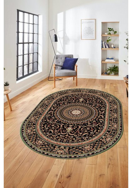 Klasik Desenli Dijital Kaymaz Yıkanabilir Oval Yolluk Koridor Salon Halısı, O-Klasik-21-Siyah, fırsatları